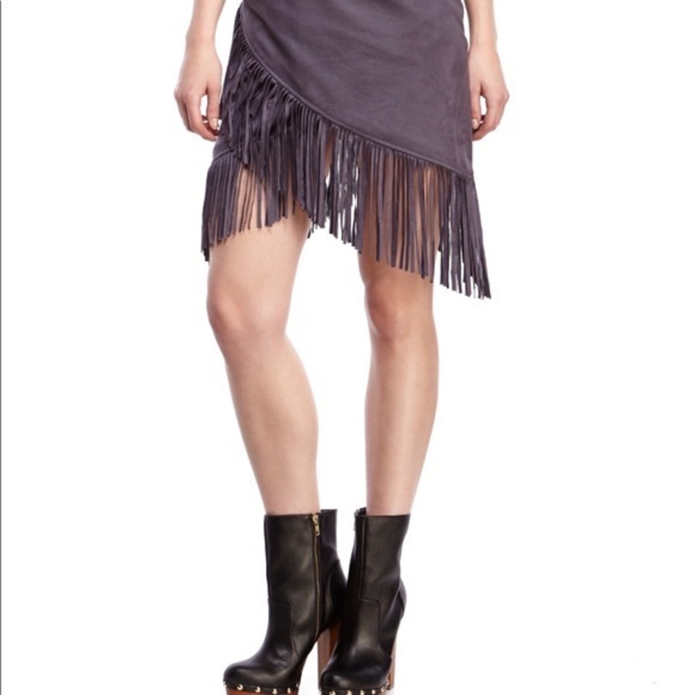 Honey Punch Faux Suede Fringe Skirt in Slate - Size M